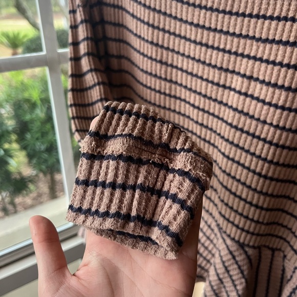 We the Free Thermal Tan Blue Striped Waffle Peplum Long Sleeve Top - Picture 4 of 6